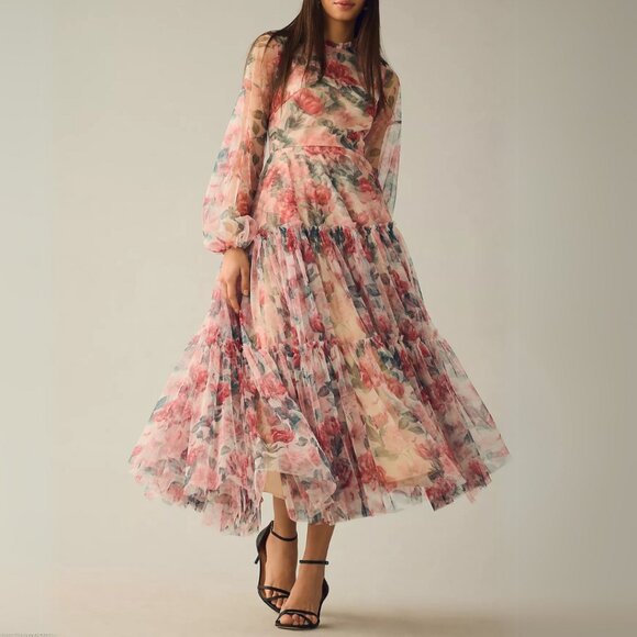 Mac Duggal 11405 Womens High Neck Long Balloon Sleeve Tiered Tulle Midi Dress - Picture 2 of 4